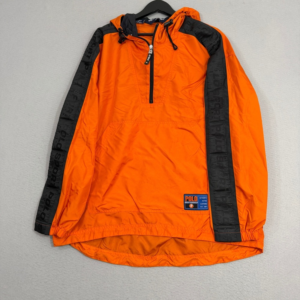 Vintage Polo Sport Windbreaker Large Orange Pullover Anorak Logo Tape Jacket 90s